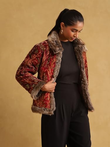 Ritu Kumar Wine Printed Silk Velvet Quilted Jacket