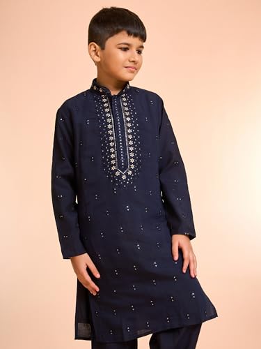 Manyavar Boys Viscose Blend Neck Embroidered & Sequined Kurta Pyjama Set (Dark Blue,8-10Y)