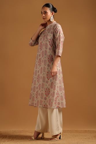 Soch Womens Beige Cotton Linen Ethnic Motifs Kurta