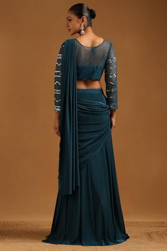 Soch Womens Teal Spandex Embellished Ready To Wear Saree