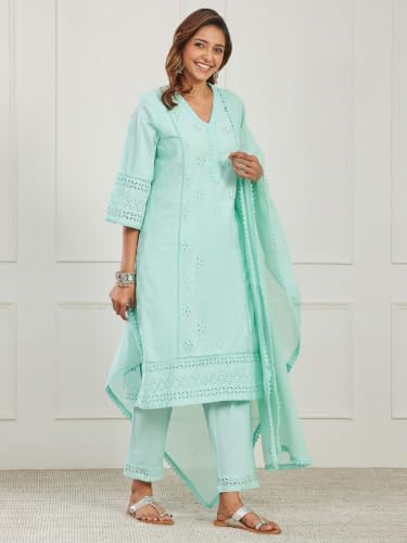 BIBA Solid Cotton Straight Casual Kurta With Pant And Dupatta