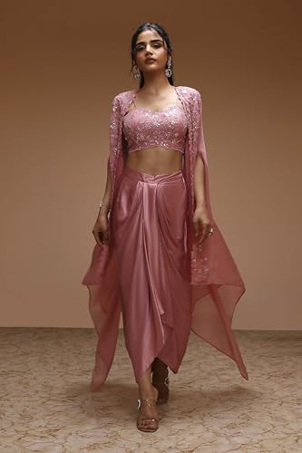 BIBA Women Rose Pink Viscose Organza Fusion Skirt Set_36