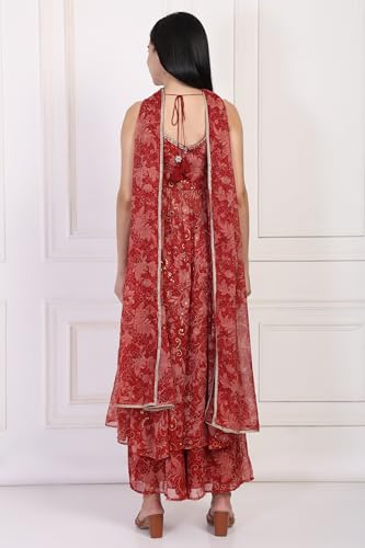 W for Woman Red Floral Print Zari Work Anarkali Chiffon Kurta with Flared Pant and Dupatta Set (WS13165-126056-S)