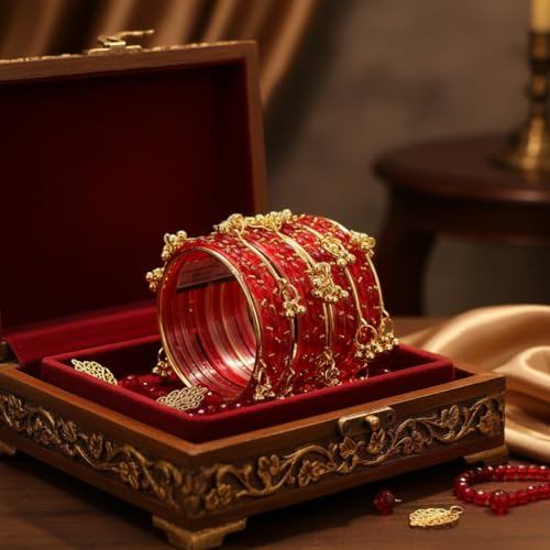 MM JEWELS Kashmiri Red Glass Bangles Set with Ghungroo Latkan for Women & Girls | Traditional Gold-Plated Bridal Churi set for Wedding & Festival | Ethnic Handcrafted Jewelry with Jingle Bell Hangings (Set of 16) (Red, 2.4)