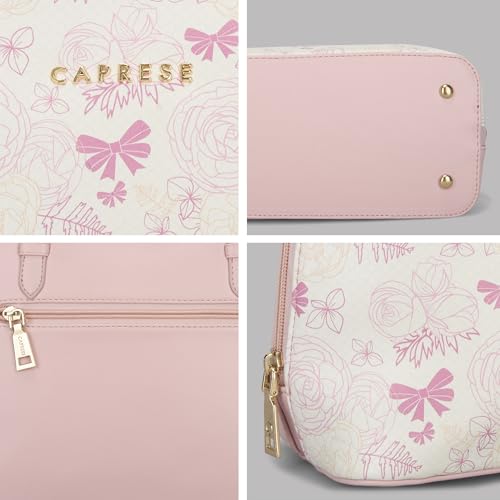 Caprese Scarlet Small Satchel Bag for Women | Printed Faux Leather Handbag | Multi-Compartment Purse | Adjustable & Detachable Strap | Zipper Closure | Stylish Everyday Bag (Pink Sorbet)