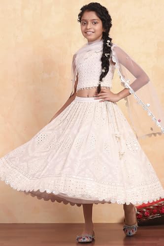 Biba Girls White Viscose Embroidered Kalidar Lehenga Set_6-7Y