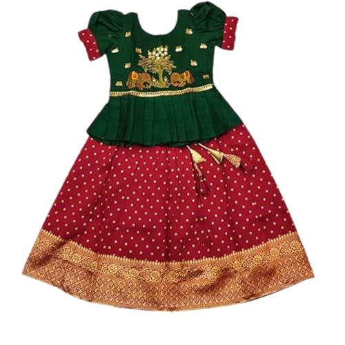 MAVIXA Baby Girl's Silk Jaquqrd Embroidered Readymade Lehenga Choli with Round Neck Short Sleeve Fit Flared Zipper Closure and Drawstring Closure Lehenga | Pattu_Elephant_Maroon & Green-12to18