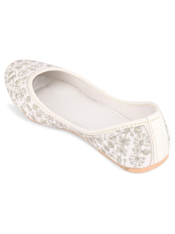 DESI COLOUR Mojari Punjabi Jutti for Women Ethnic Footwear- Floral Full Emb (White, Numeric_7)