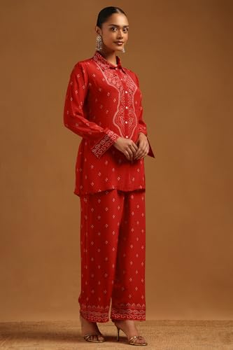 Soch Womens Red Crepe Bandhani Co-Ords Set With Beads
