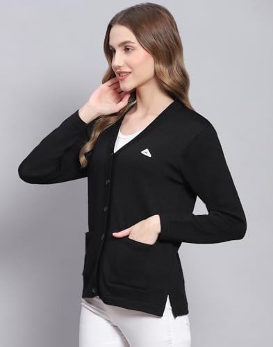 Monte Carlo Black Solid V Neck Sweater |Solid Pattern with Button Closure | Full Sleeve Cardigan for Women's