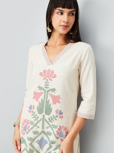 Max Women Floral Print Straight Kurta Set (Off White_XL)