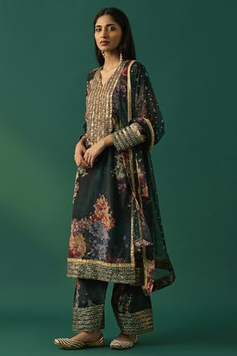 Wishful Women's Green Floral Printed Embellished Straight Kurta with Salwar and Dupatta Set - (SP12851-126770-S)