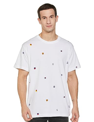 TOMMY HILFIGER Men's Relaxed fit Half Sleeve T-Shirt, White/Multi, S