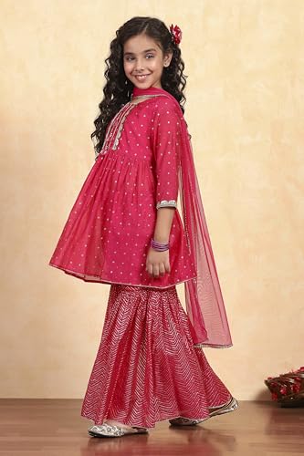 Biba Girl's Pink Polyester Blend Printed Gathered Suit Set