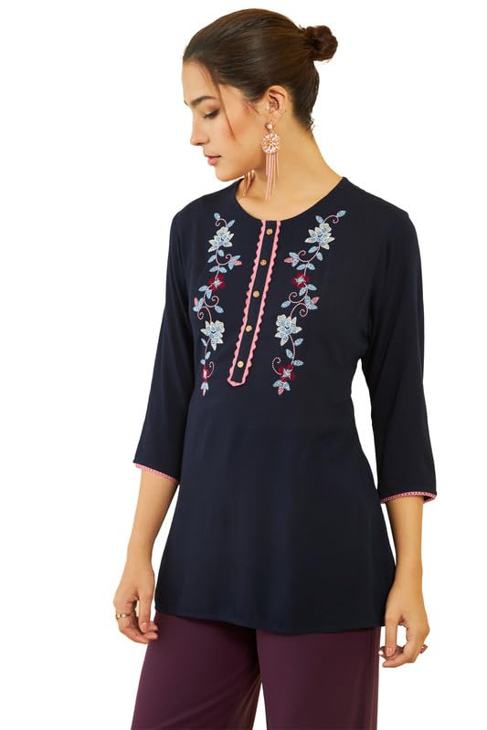 Soch Womens Navy Blue Crepe Floral ThreadWork Embroidered Round-Neck Tunic