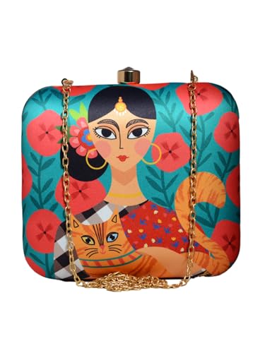 Artklim Lady With Cat Printed Clutch