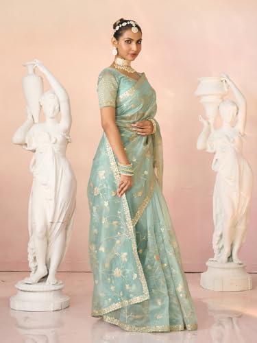 Laxmipati Kesaar Bhog Tissue Organza Floral Embroidered Saree in Pastel Blue Color_N-2953