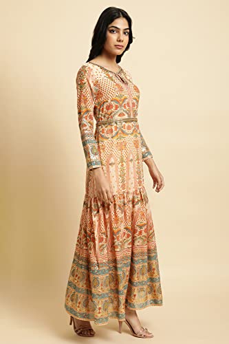 W for Woman Women's Polyester Beige Printed Tiered Dress with Embroidery Calf Length (23FEW11052-118561_Rust_6)