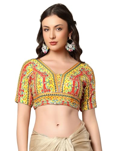 Yellow Silk V-Neck Embroidered Readymade Saree Blouse