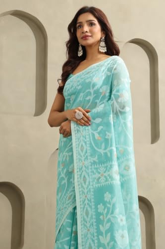 Soch Womens Turquoise Blue Cotton Jamdani Woven Saree