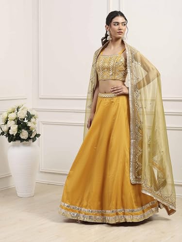 BIBA Women Yellow Cotton Zari Tissue Regular Lehenga Set_36