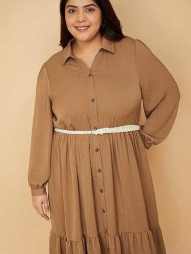 Max Women Textured A-line Tiered Shirt Dress with Belt (Beige_3XL)
