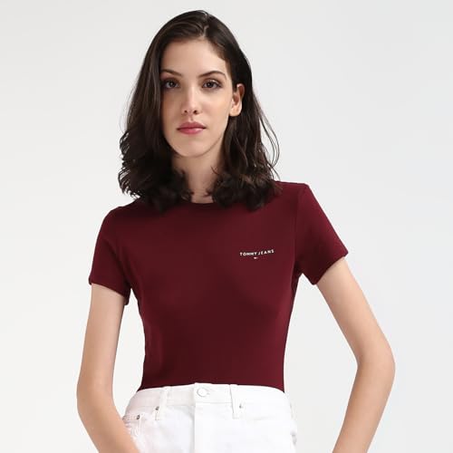 Tommy Hilfiger Wine Cotton Solid Women Slim Fit T-Shirt