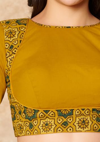 Yellow Ajrakh Pure Cotton Round Neck Readymade Blouse
