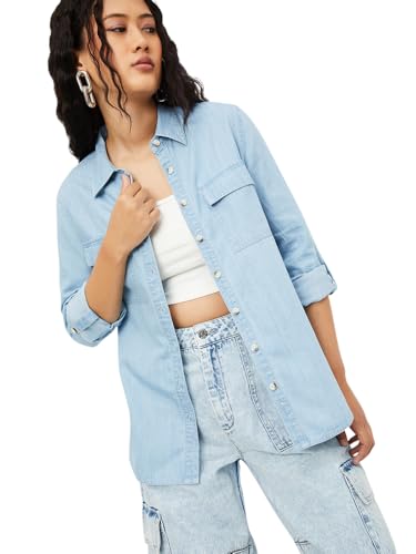 Max Women Washed Denim Shirt (Blue_L)