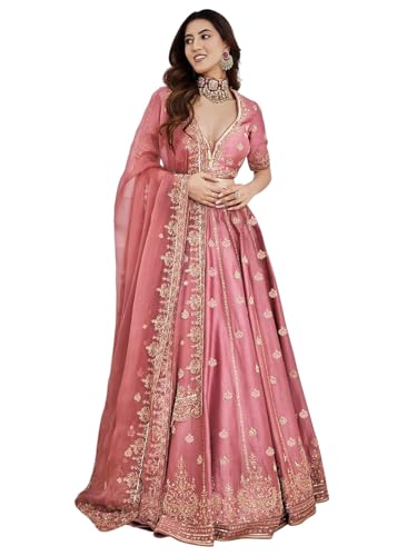 Zeel Clothing Women's Art Silk Semi-Stitched Sequins Dori Embroidered Lehenga Choli with Dupatta (7091-Pink-s-Lehenga-Choli-Latest; Free Size) (Pink)