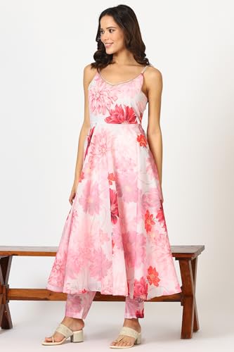 W for Woman White Digital Floral Printed Sleeveless Flared Kurta, Pants and Dupatta Set (Size: L)-24AUWS12583-123704