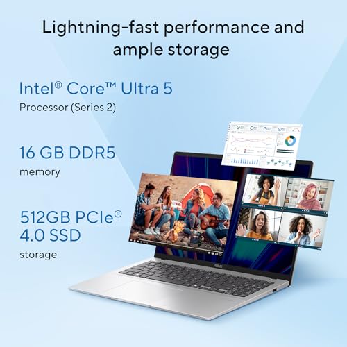 ASUS Vivobook 16, Smartchoice, Intel Core Ultra 5 Series 2, 16GB RAM, 512GB SSD, FHD+ 16", Windows 11, Office Home 2024, Silver, 1.88kg, X1607CA-MB142WS, Intel iGPU, M365 Basic (1Year), AI Laptop