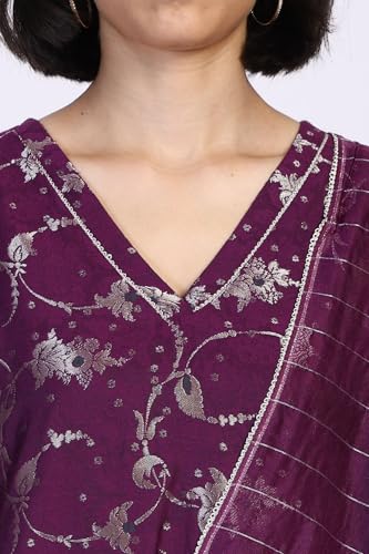 W for Woman Floral Printed Jacquard A-Line Kurta with Straight Pant and Dupatta Set - Purple (WS13245-314312-S)
