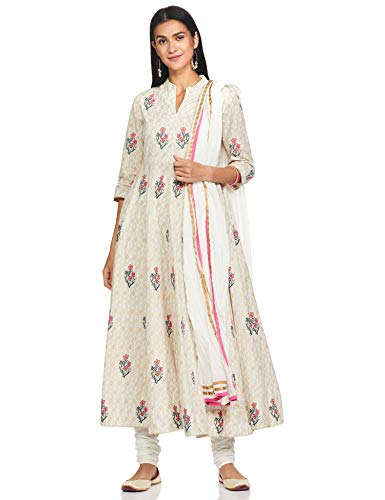 BIBA Women's Anarkali Salwar Suit Set (SKD656938_Ivory/Gold_38)