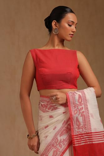 Soch Womens White Cotton Woven Design Saree