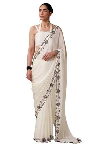 Soch Womens Off White Fendy Satin Embellished Saree With Stone Work