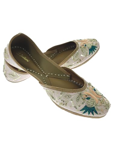 Fulkari Women's Peacock Peach Gold Soft Leather Embroidered Jutis | Bite and Pinch Free Jutti | Punjabi Formal Juttis | Girl's Wedding Flat Mojari | Formal Ethnic Juti | 36