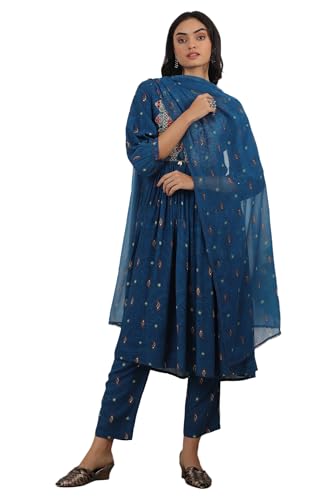W for Woman Teal Blue Embroidered Yoke Gathered Rayon Kurta, Straight Pants and Dupatta Set (Size: S)-WS12183-124706