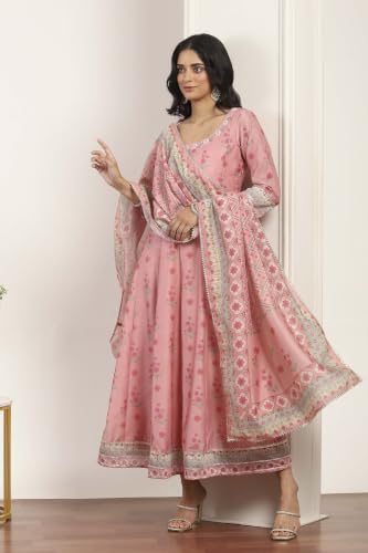Rangriti Viscose Polyester Printed Kalidar Festive Dress with Dupatta Pink