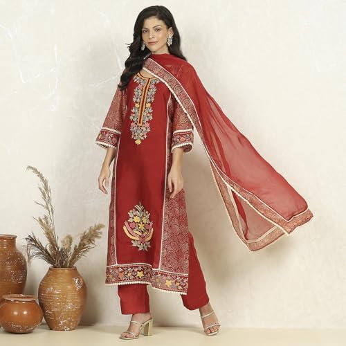 Biba Women Red Chanderi Unstitched Suit Set_Free Size