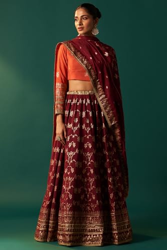 Wishful Women's Orange Zari Embroidered Jacquard Blouse with Flared Maroon Skirt and Dupatta Set (SP13159-314462-XL)