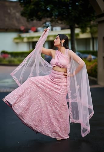House of Bansal Lehenga Set, Blush Pink, Mirror Embellished
