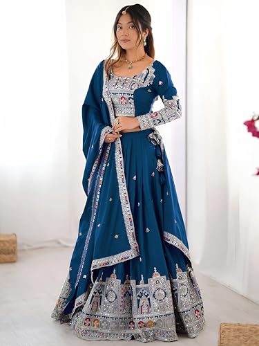 Zeel Clothing Women's Sequins Thread Embroidered French Crepe Lehenga Choli With Dupatta (5118-Dove-Blue-Women-Lehenga-Choli; Free size) (Dove Blue)