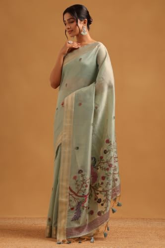Soch Womens Powder Blue Tissue Botanical Woven Bird Motifs Saree
