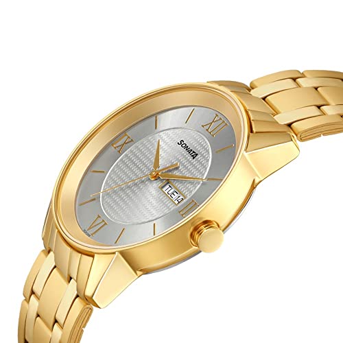 Sonata Utsav Quartz Analog with Day and Date Champagne Dial Gold Stainless Steel Strap Watch for Men - NT7133YM01