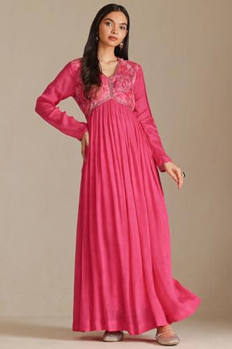 Soch Womens Fuchsia Chinon Floral Print Dress with Beads