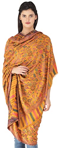Exotic India Kani Jamawar Stole with Woven Flowers and Paiselys in Multi-Color Thread - Silk Modal - Color Golden Orange