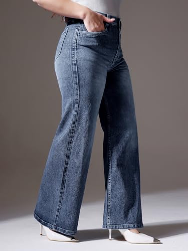 Miss Chase A+ Women's Wide-Leg High Rise Regular Length Stretchable Denim Jeans (APSS25DEN80-21-MZY-44, Radiance Blue, 44)