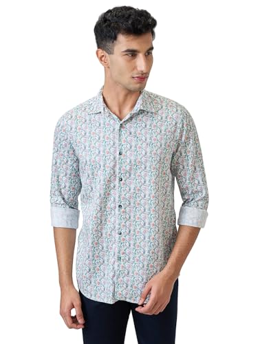 Colorplus Men Regular Fit Print Pattern Pure Cotton Plain Collar Full Sleeve Casual Shirt (Size: 2XL)-CJSS00739-B4 Blue
