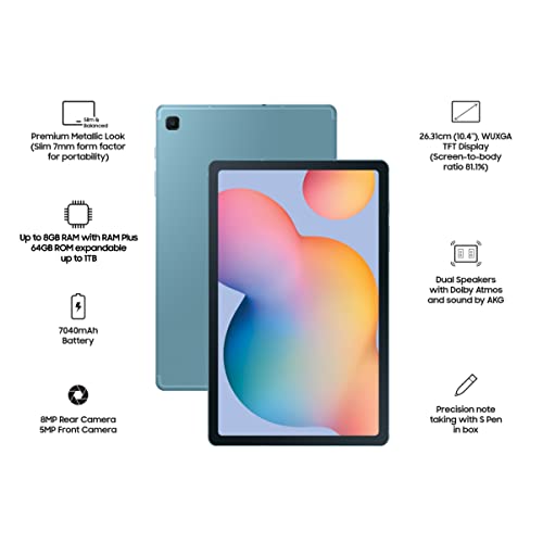 Samsung Galaxy S6 Lite Tab | 26.31cm (10.4") Display | Octa-Core Processor | 7,040mAh Battery | Dolby Atmos | Android 12 | 4GB+64GB | 8GB+128GB | Wi-Fi | Wi-Fi + LTE | S Pen Support | Blue